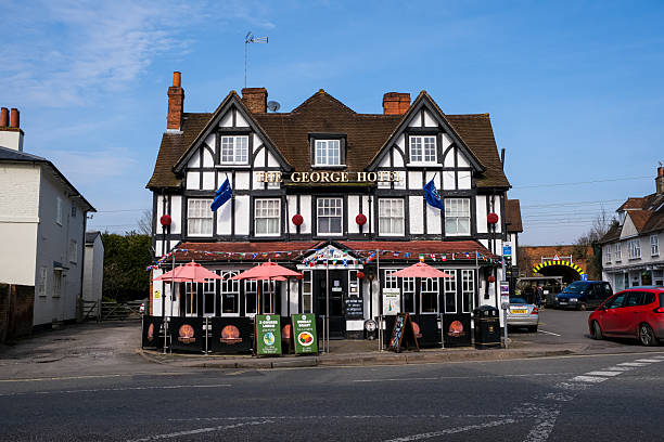 Pangbourne, Berkshire, UK - 18.02.2025. The George hotel view in Pangbourne, Berkshire, England. ​First established as a coaching inn in the 1600s, The George Hotel is encompassed in history and unique character