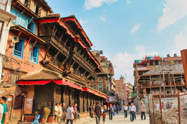 Colorful houses and shops at the Boudhanath stupa in Kathmandu, Nepal