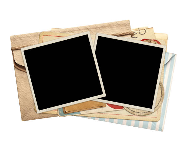 istock Two retro photo frame on vintage envelope. Nostalgic scrapbooking style. Mock up template. Copy space for text. Isolated on white background 2201112226