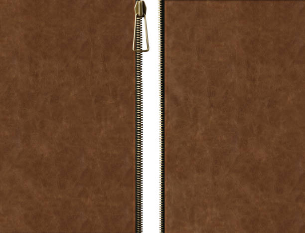 Leather background with zipper opened. Unzipped zipper or fastener. Open zip and leather texture of brown color. Isolated on white background. Copy space for text