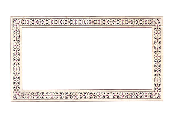 Frame with ancient carved floral decor on marble wall. Vertical or horizontal border with floral ornament. Mock up frame template. Copy space for text. Isolated on white background