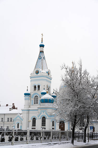 St. Simeon and St. Anne Orthodox Church on the edge of a street in the Latvian city of Jelgava during a snowfall. The photograph shows the domes of the church, a fence and trees in front.