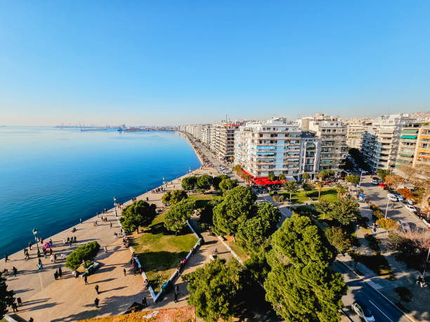 Aerial view of Thessaloniki waterfront with sea, boats and people