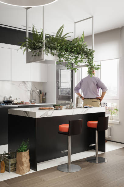 istock Modern Apartment Kitchen with Greenery and Marble Countertop 2201122110