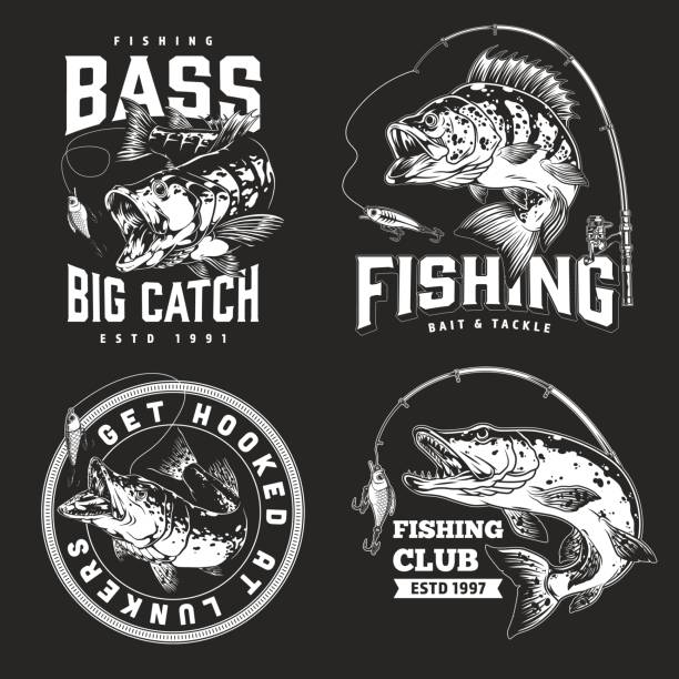 Various designs showcase a fishing theme with bass illustrations fishing rods and related text. Elements highlight different aspects of fishing culture and community since the 1990s.