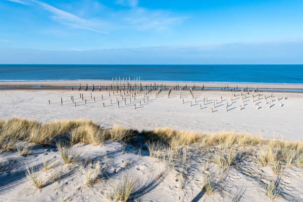 View at the so called Palendorp (Pole Village) on the beach near Petten in North Holland. This pole village is a monument in remembrance of the old village of Petten that vanished into the sea.