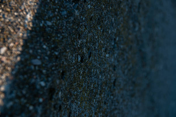 A close-up of tiny rocks and sand in textured concrete in the shade