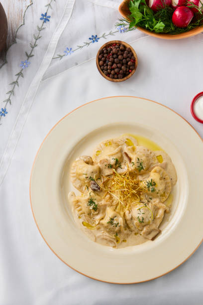 istock Creamy Mushroom Dumplings with Elegant Composition and Soft Color Palette 2201139246