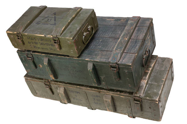 istock Army ammunition stack of green crates. Text in russian - type of ammunition, projectile caliber, projectile type, number of pieces and weight. 2201153212