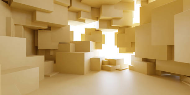 istock Abstract Perspective of a Three-Dimensional Geometric Space With Beige Cubes 3d render illustration 2201159486