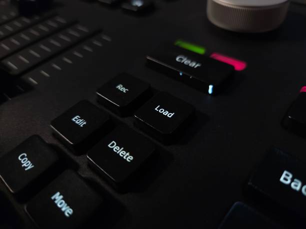 istock Close up of control wheel and buttons of light system console. 2201171816