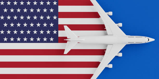 istock White Jet Passenger's Airplane with USA Flag. 3d Rendering 2201175293