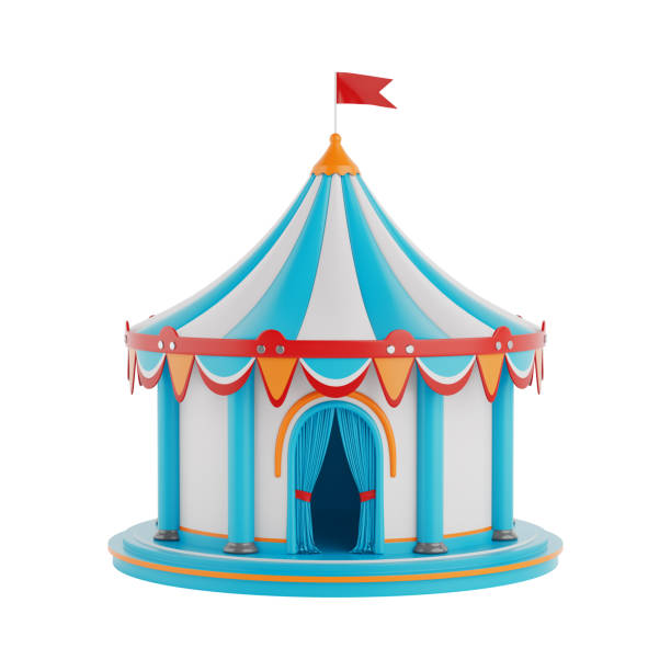 Circus big top at dusk. Large awning, circus sign in spanish language. Pontevedra province, Galicia, Spain.