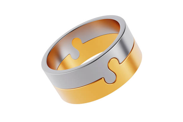 Silver and Gold Ring in Shape of Puzzle . 3d Rendering