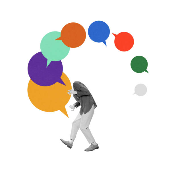 istock Person crouches under colorful speech bubbles, illustrating overwhelming conversations, digital overload, or pressure from communication. 2201176108