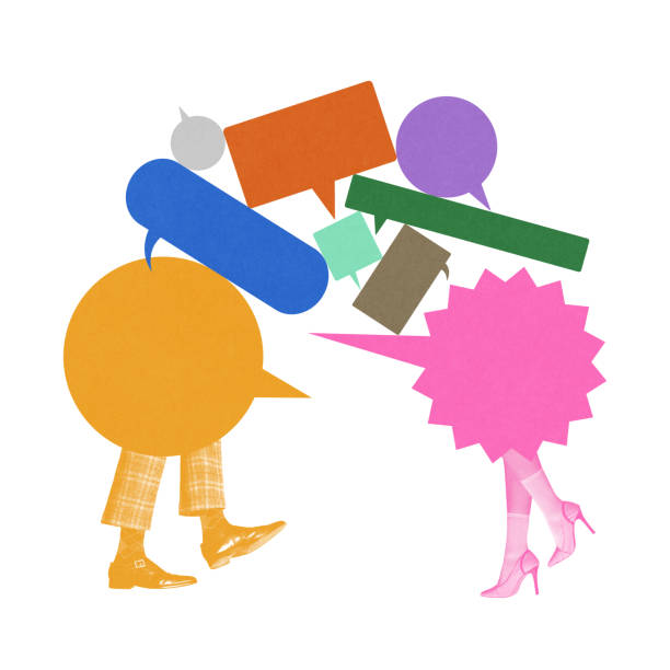 Two figures made of overlapping speech bubbles appear to engage in lively conversation, emphasizing chaos, dialogue, and interaction.
