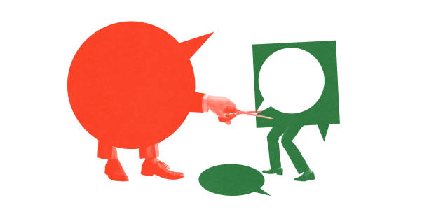 istock Large red speech bubble figure cuts smaller green speech bubble, symbolizing censorship, silencing, control in communication. 2201176131