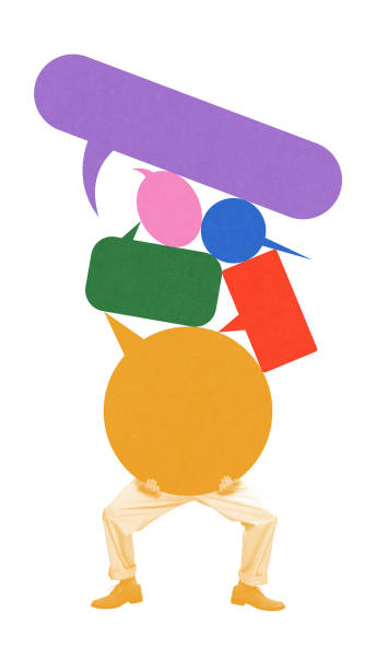 istock Figure balancing oversized speech bubbles, representing weight of conversations, overwhelming discussions, and pressure of communication. 2201176139