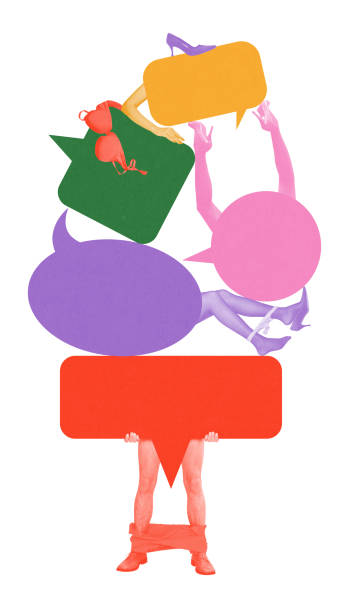 istock Speech bubbles pile on top of a person with exposed legs, symbolizing chaotic dialogue, unfiltered thoughts, and tension in communication. 2201176142