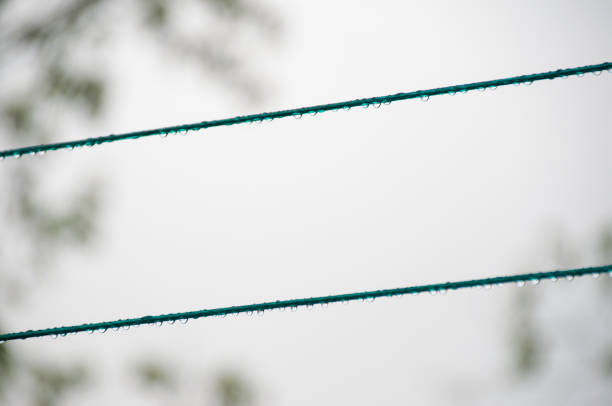 A close-up of rain drops holding onto wet clothesline strings during a cloudy day