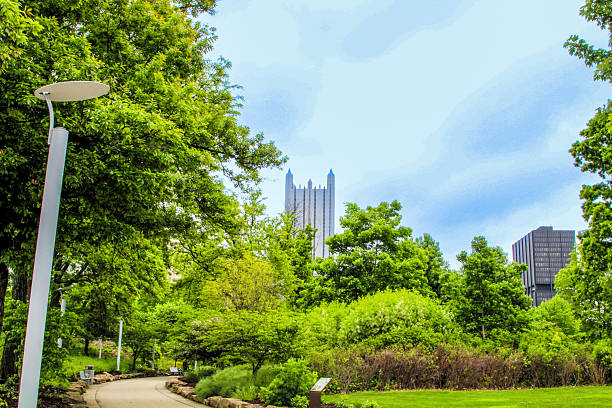 istock Pittsburgh skyline view framed by lush greenery in springtime park 2201182738