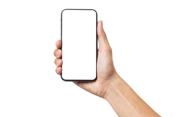 istock Hand business man holding mobile smartphone with blank screen isolated on white background with clipping path 2201185911