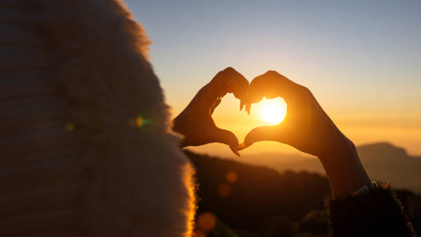 istock Female hand making in a heart shape against the sunset sky 2201195777