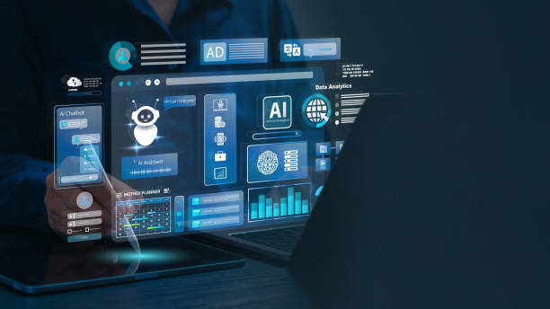 AI agent and generative artificial intelligence concept. Businessman using AI agents on screen, including chatbots, AI assistants, and data analytics tools on a laptop. Chatbot, Ai agentic workflows. stock photo