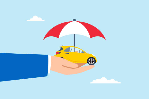 istock Flat illustration businessman hand gently cover car with umbrella symbolizing automobile insurance protection 2201210268