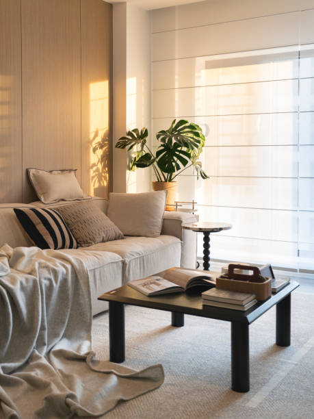 istock Comfortable living room space with comfortable sofas, carpets, pillows and sunshine 2201211087