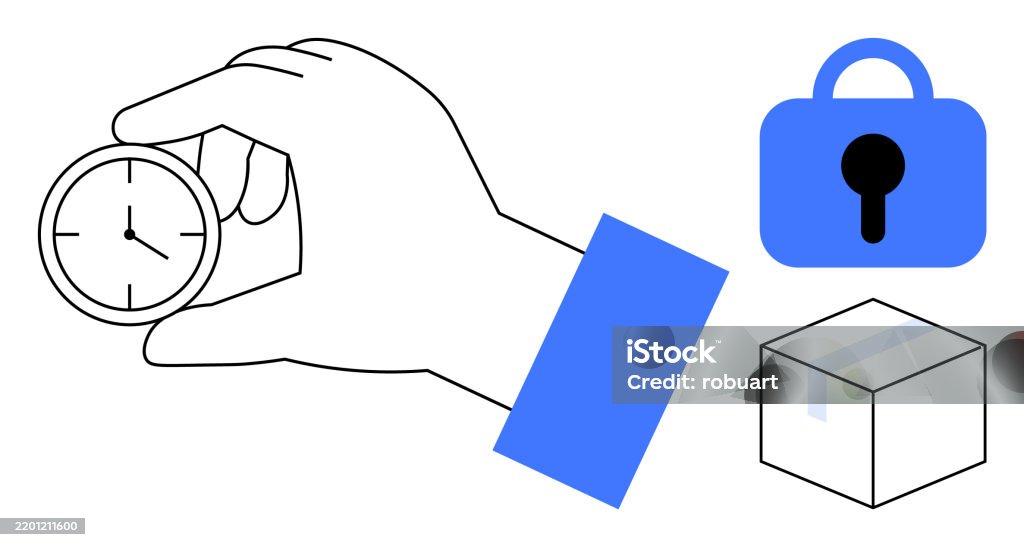Clock Lockbox Hand Holding Clock Next To Lock And Box Representing Time Management ...