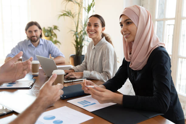 istock Multicultural employees listening speech of ceo do sales analysis 2201214172