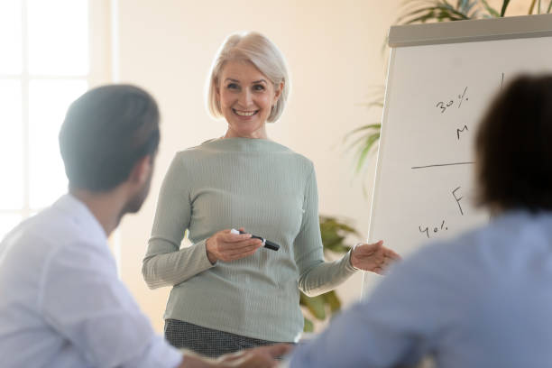 istock Middle-aged business trainer teaches young staff or interns 2201216637