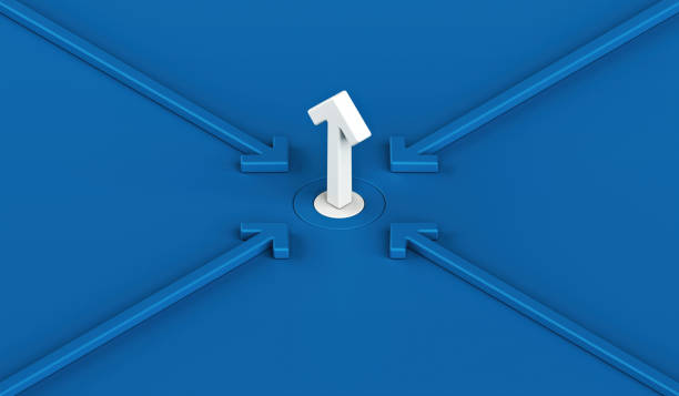 Navigating the core, Symbolic representation of central point receiving focus from all directions, Number one choice decision direction goal target success blue arrow, 3d rendering