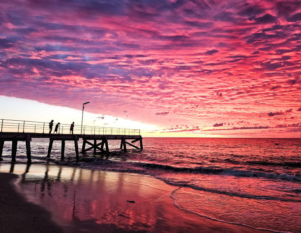Red coloured cloudy beach sunset at Normanville Jetty South Australia