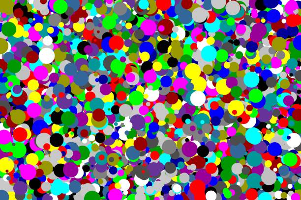 background of colored circles of various colors and mixed sizes on a white background that resemble 70s and 80s backgrounds