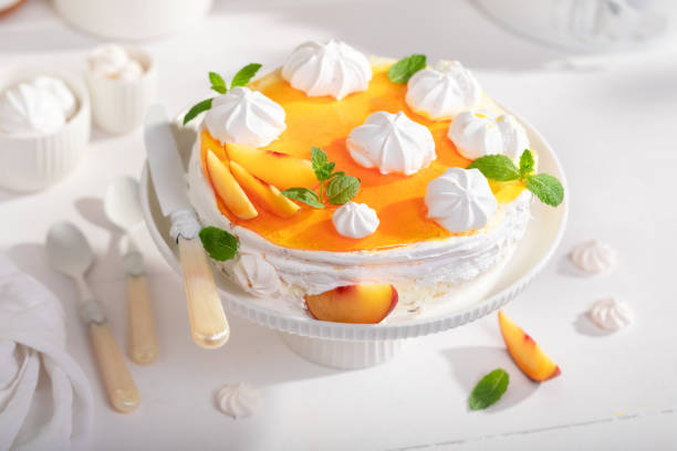 istock Homemade peach meringue as spring fresh cake. 2201237259
