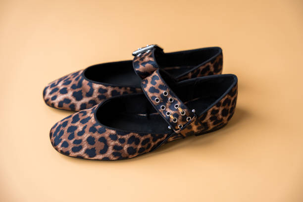 istock Leopard print textile ballet flats with buckle detail on beige background 2201237747