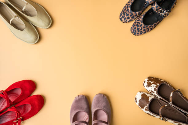 istock Assorted spring fashion ballet flats in vibrant and neutral tones with copy space. 2201237761