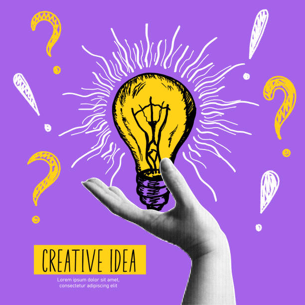 istock Creative idea. Trendy halftone collage banner with hand shows lightbulb. Concept of creative idea or brainstorm. Contemporary vector illustration 2201243028