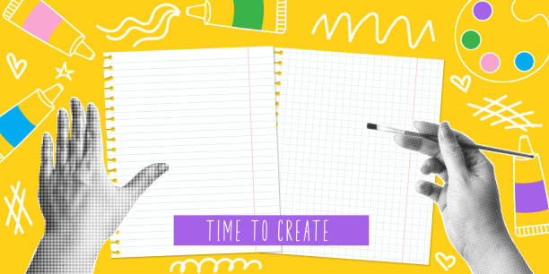 istock Time to create. Trendy halftone collage banner with hands holding brush and paper sheets. Modern retro style. Retro artistic concept promoting creativity and craftsmanship. Vector  illustration. 2201243167