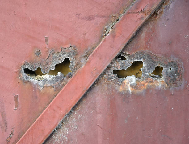 istock Rusty metal surface revealing holes and corrosion patterns created by weathering over time in an industrial setting 2201244632