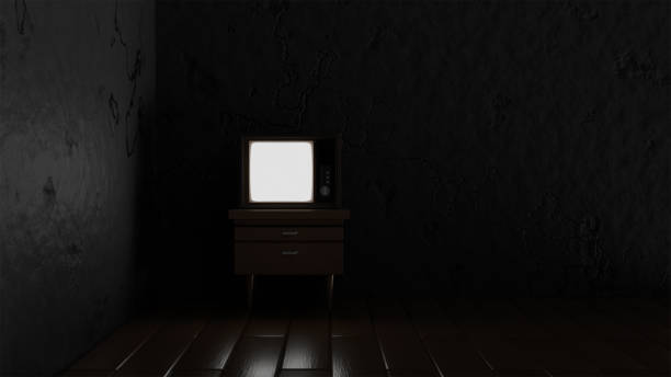 istock 3D model of old TV on nightstand with light from screen in dark empty room 2201248634