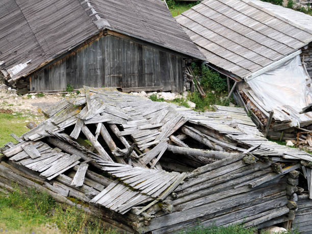 Very old unused house roof on the high plains of Montana, USA, North America.