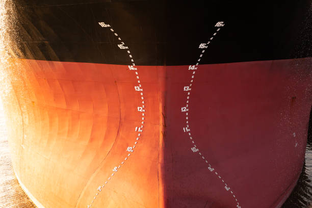 istock The bow of a large tanker ship with the indicated diving depth on it, front view. 2201251615