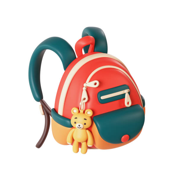 Cute red yellow school backpack, green pocket, kawaii plush toy bear keychain. Concept art Back to school, education, preschool learning. Satchel for small children. 3d render on white background.