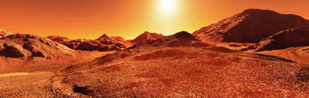 Planet mars illustration, orange red eroded mars surface, science fiction 3D render illustration background.