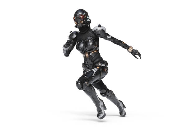 istock 3d render sci-fi female cyborg wears shiny black grey metallic armor suit in dynamic running pose. 2201264490