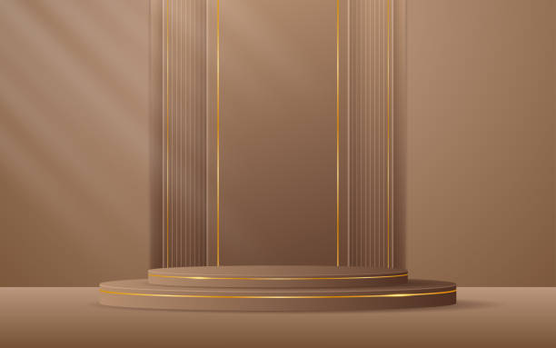 istock Brown podium with brown stripes with elegant gold line on the back for displaying advertisements 2201270061