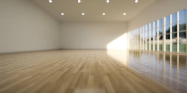 wide laminate floor and huge empty blue wall in empty room with wooden bench